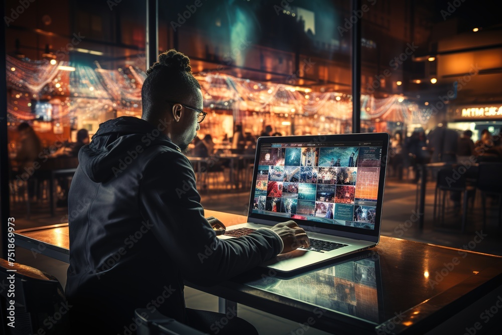 A man is sitting at a table with a laptop open in front of him A man is sitting at a table with a laptop open in front of him