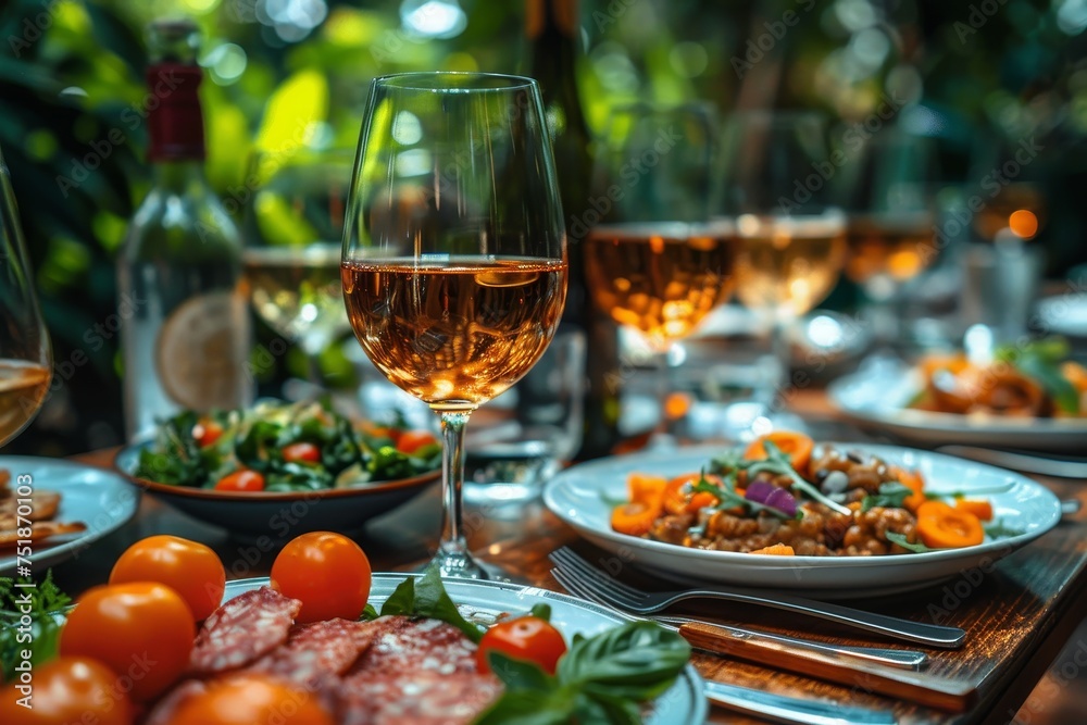 An inviting table arrangement with wine glasses, fresh salads, and a variety of dishes in a lush, green outdoor setting An inviting table arrangement with wine glasses, fresh salads, and a variety of dishes in a lush, green outdoor setting