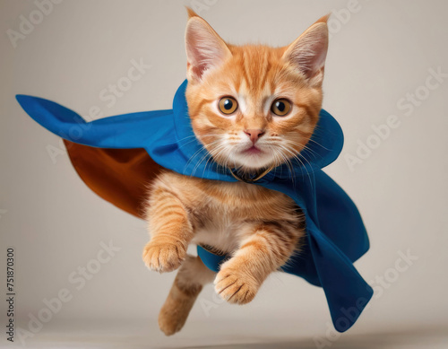 Red cat superhero in a superhero cape flies to the rescue among the clouds © oktober64