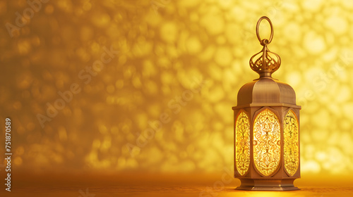 Islamic lanterns in gold with a gold background and blur effect with copy space