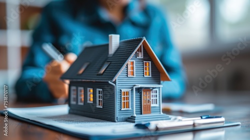 Real estate agent signing mortgage agreement for new home with close up of miniature house.	