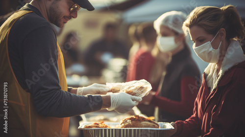 Close-up of a volunteer's face distributing food to those in need