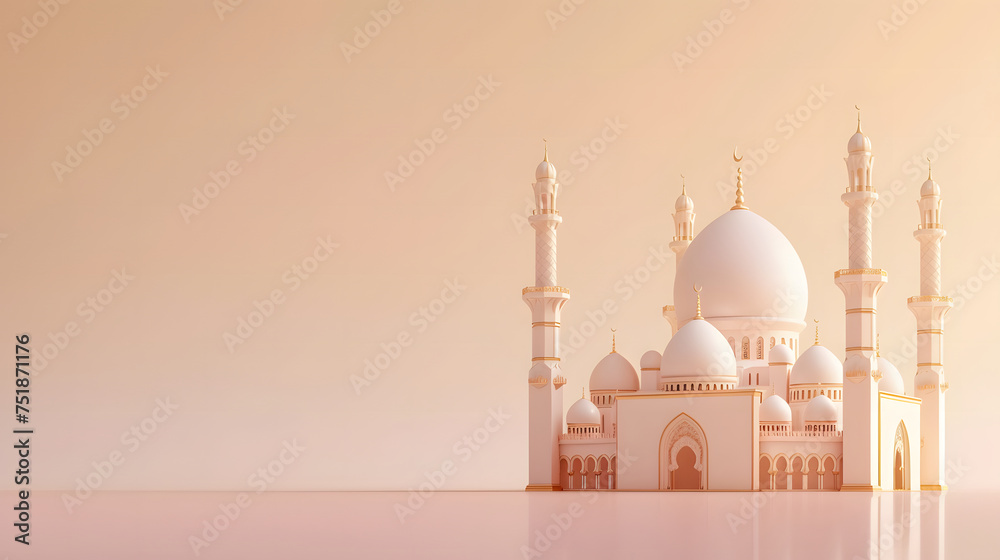 3d mosque with light brown and slight white gradations on a bright light brown background with copy space - obrazy, fototapety, plakaty 