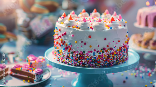 Birthday cake with white frosting and colorful sprinkles and topping on a light blue display plate.