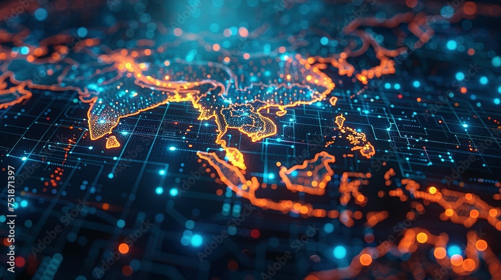 Digital map of Asia, concept of global network and connectivity, data transfer and cyber technology, business exchange, information and telecommunication