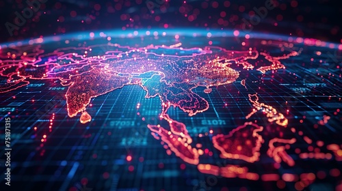 Digital map of Asia, concept of global network and connectivity, data transfer and cyber technology, business exchange, information and telecommunication photo