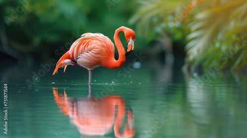Caribbean flamingo standing in water with reflection.
