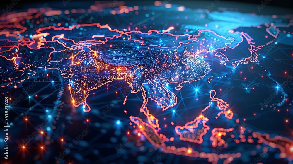 Digital map of Asia, concept of global network and connectivity, data transfer and cyber technology, business exchange, information and telecommunication Digital map of Asia, concept of global network and connectivity, data transfer and cyber technology, business exchange, information and telecommunication