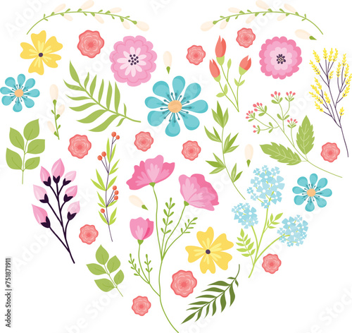 Floral heart shape colorful flowers leaves. Nature inspired design  romantic botanical arrangement. Springtime love symbol vector illustration