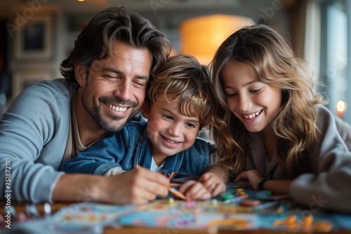 Man and Two Children Playing Board Game