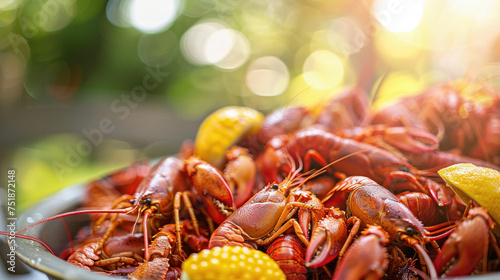 A plate full of freshly cooked crawfish with lemon wedges, bathed in sunlight. photo