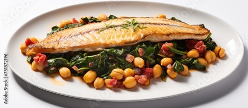 A white plate is presented with a delicious baked dorado fillet, topped with vibrant chard and beans. The fish is flaky and tender, complemented by the fresh and nutritious vegetables.