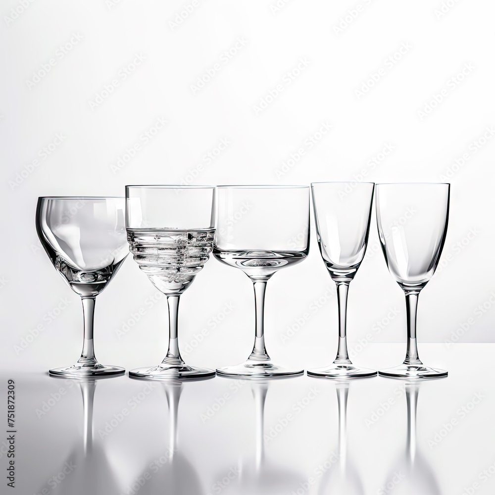 Set of empty different wine, cocktail glasses isolated on a white background