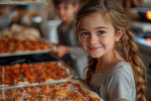Young Girl Holding Tray of Pizza
