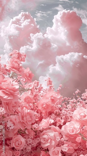 elegant pink rose blooming against a backdrop of surreal clouds