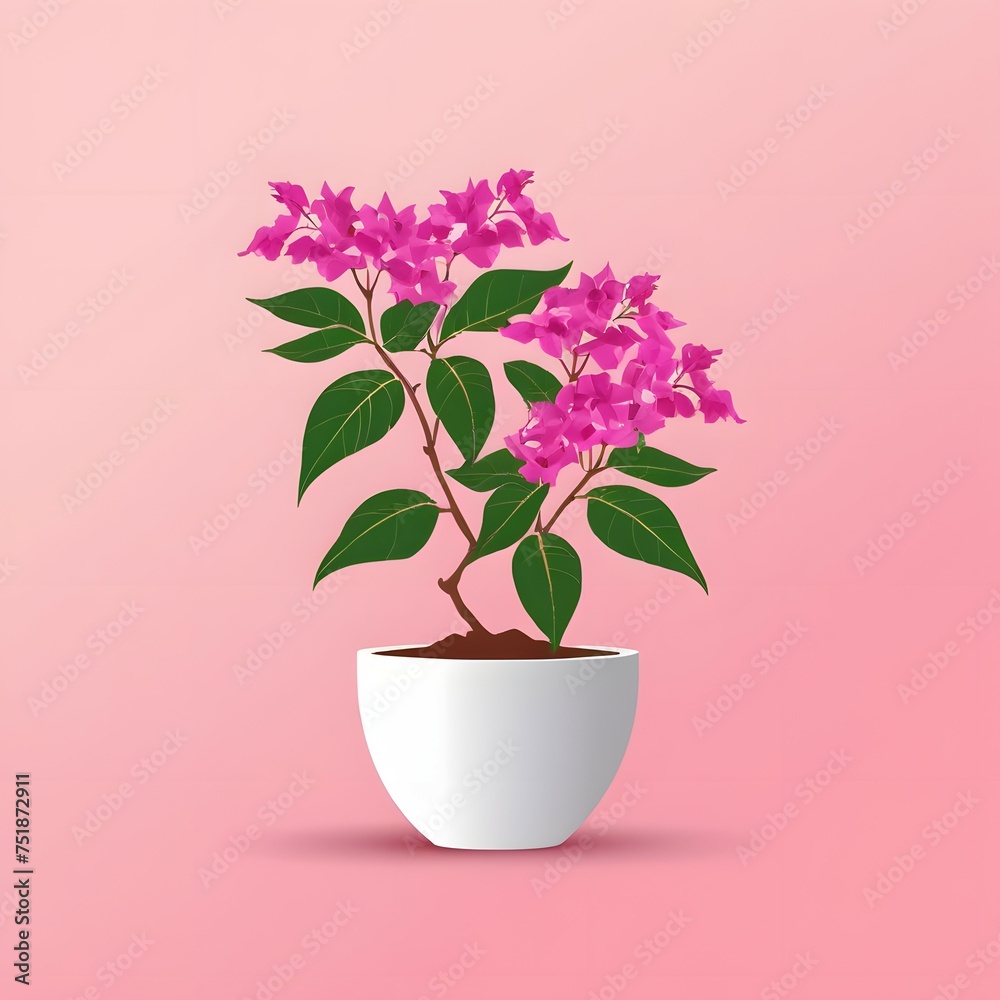 Pot with a bougainvillea plant on a soft pink background