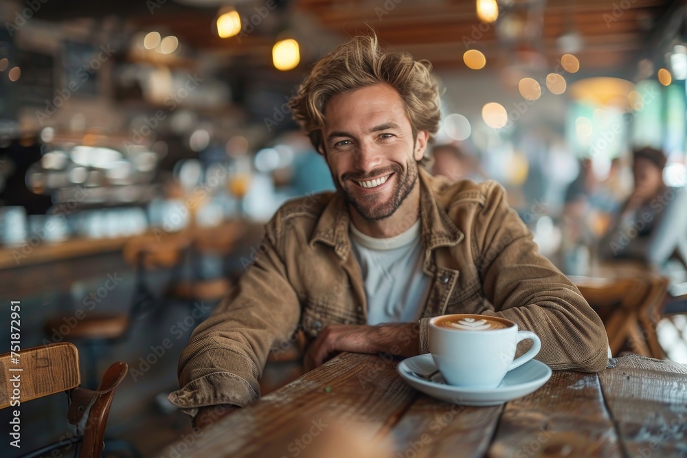 Handsome bearded man smiling directly at the camera, comfortably sitting in a cafe with a cup of coffee on the table Handsome bearded man smiling directly at the camera, comfortably sitting in a cafe with a cup of coffee on the table