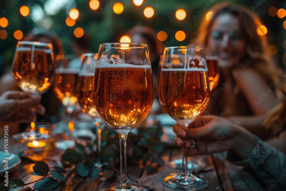 Group of people enjoying a social gathering and cheering with beer glasses under festive lights Group of people enjoying a social gathering and cheering with beer glasses under festive lights