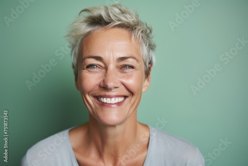 Portrait of a happy senior woman smiling at the camera against a green background