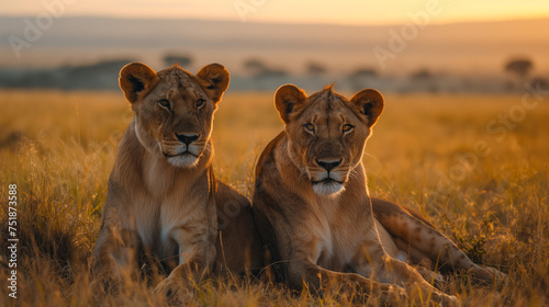 Lionesses at Dusk in the African Savannah, Two lionesses in the warm glow of the sunset in the open grasslands, lions in Kenya safari photo