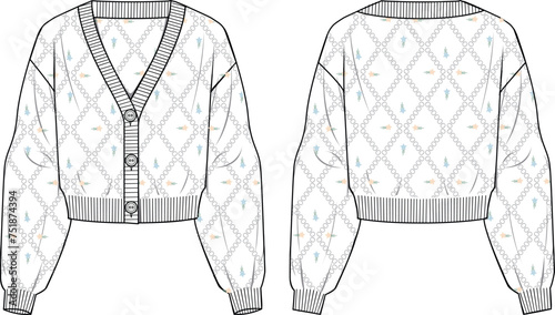 Women's Embroideried Pointelle Cardigan. Technical fashion illustration. Front and back, white color. Women's CAD mock-up.