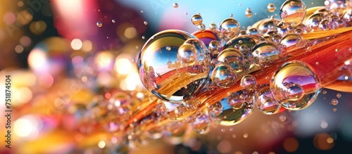 Water drops on glass, orange colorful background, blue sky