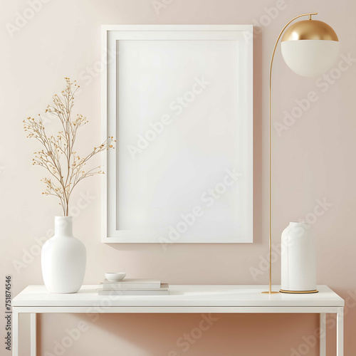 Empty picture frame on wall with a furniture.