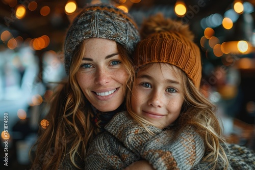 Portrait of a smiling mother embracing her daughter, both wearing knitted winter hats and scarves photo