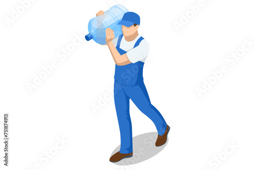 Isometric water delivery man. An employee man wearing a blue cap t-shirt uniform workwear working as a dealer courier hold a big water bottle