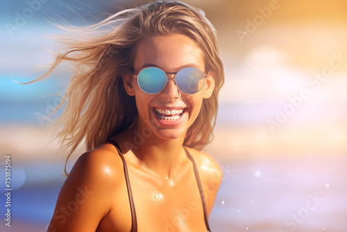 Portrait of happy young woman in sunglasses on the beach at sunset © gamespirit