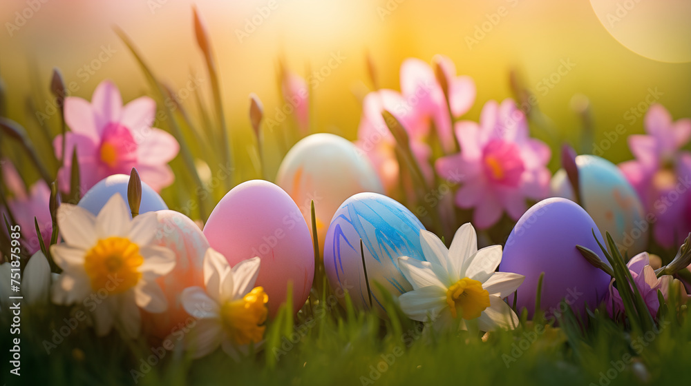 Serene Easter Scene: Pastel Eggs Nestled Among Spring Flowers