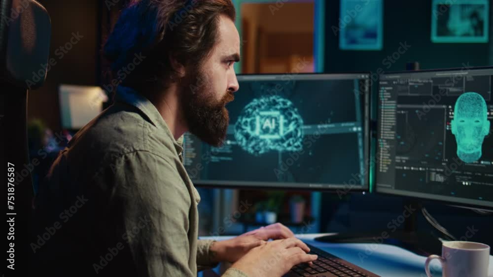 Computer engineer updating artificial intelligence algorithm, surprised after it gains sentience. Developer programming complex AI, evolving it into self aware AGI, confused by result Computer engineer updating artificial intelligence algorithm, surprised after it gains sentience. Developer programming complex AI, evolving it into self aware AGI, confused by result