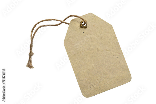 Recycled paper tag with twine string isolated cutout on transparent