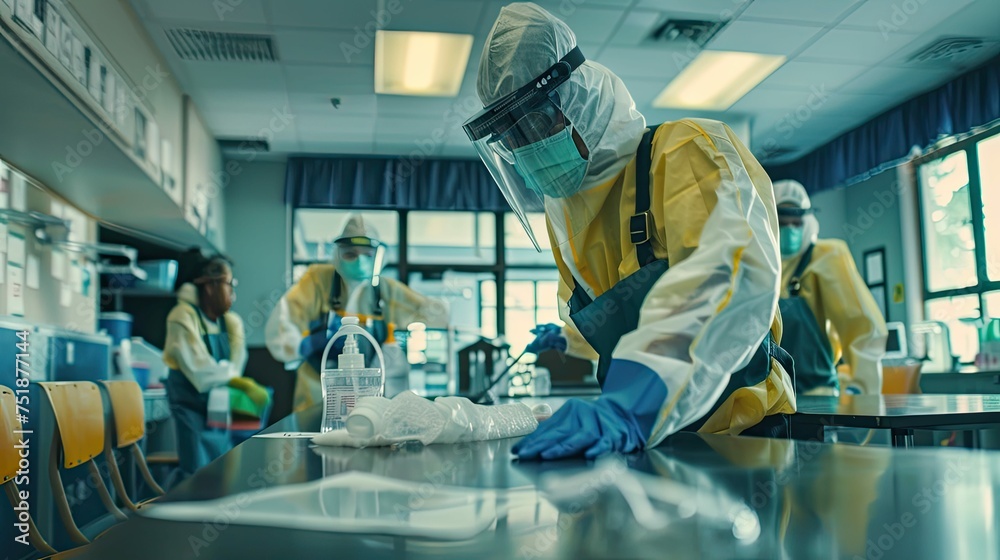 Naklejka premium desks cleaning and disinfecting school