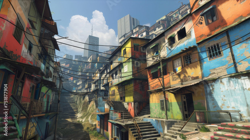 A bustling shanty town with vibrant multicolored buildings juxtaposed against modern city skyscrapers in the background
