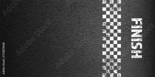 Asphalt road with white finish line marking, concrete highway surface, texture. Street traffic lane, road dividing strip. Pattern with grainy structure, grunge stone background. Vector illustration