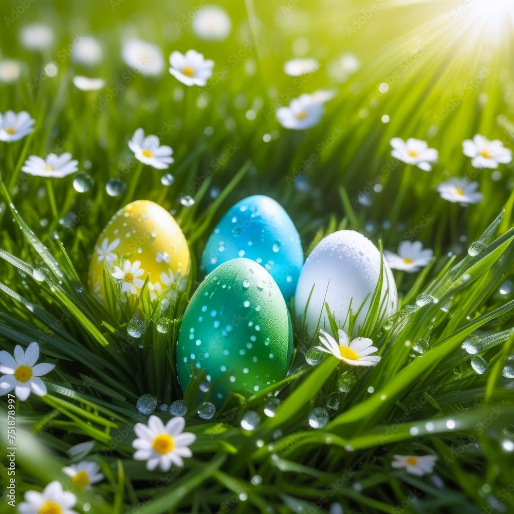 four Easter eggs in grass with white flowers in sunshine. Easter greeting card. Concepts: Easter celebration, springtime beauty, eggs hunt, wealth and prosperity, discovery and surprise. four Easter eggs in grass with white flowers in sunshine. Easter greeting card. Concepts: Easter celebration, springtime beauty, eggs hunt, wealth and prosperity, discovery and surprise.