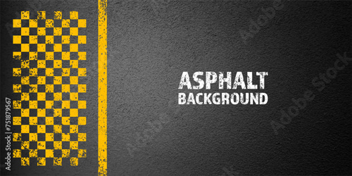 Asphalt road with yellow cracked lane marking, concrete highway surface, texture. Street traffic line, road dividing strip. Pattern with grainy structure, grunge stone background. Vector illustration
