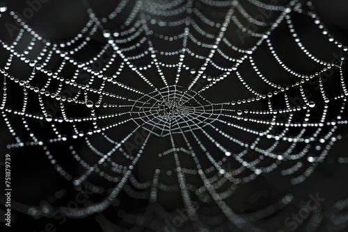 A dew-kissed spider web on a black backdrop reveals intricate patterns up close.