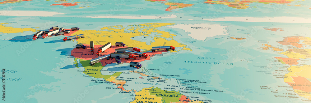 Abstract Collision of Transport Trucks Overlaid on North American Map