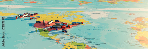 Obraz na płótnie Abstract Collision of Transport Trucks Overlaid on North American Map w salonie