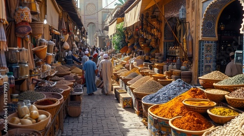 Man walking through city market with baskets of spices lining narrow street