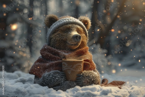 A warm, cozy 3D bear enjoys hot cocoa in a snowy winter scene, by the fire, basking in its toasty glow.