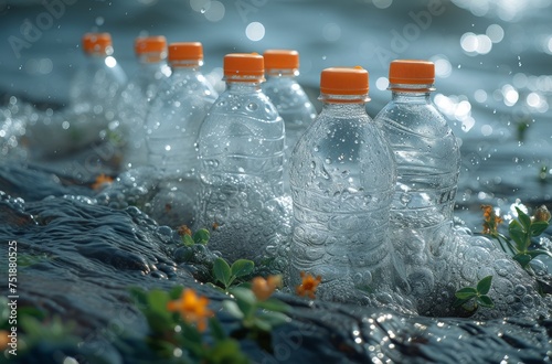 Still life of plastic pollution in water with bottles amidst sparkling water and flora photo