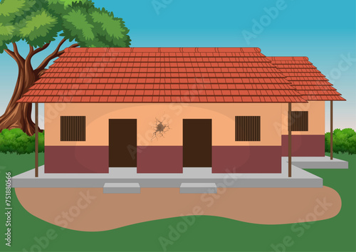 Indian villege house with nature backround. Asian village scene. Village farm house old Indian rural house, village house. Village house. A beautiful village with farmlands, trees in the background.