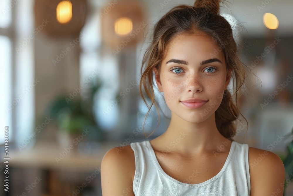 A thoughtful young woman with a gentle smile sitting in a cafe, a natural and inviting atmosphere A thoughtful young woman with a gentle smile sitting in a cafe, a natural and inviting atmosphere