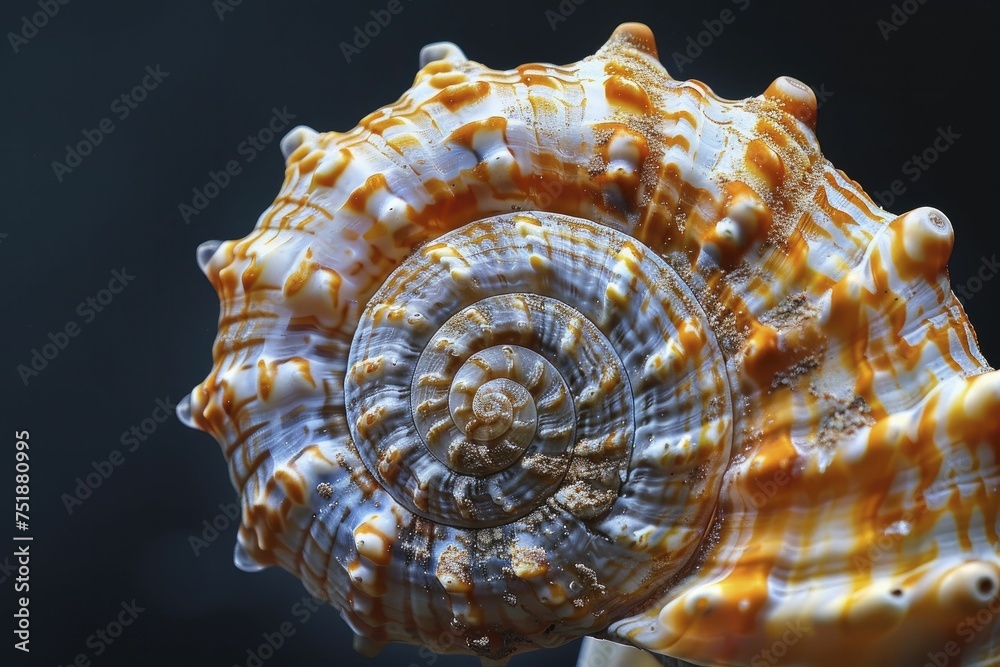 Obraz premium Macro perspective captures seashell's striking curves and patterns against a dark backdrop.