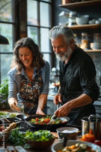 A mature couple in a contemporary kitchen, joyfully preparing a vegetable stir-fry with spaghetti. They are smiling while cooking together, sharing happy couple moments.