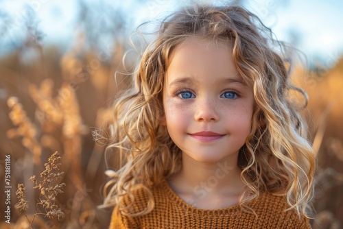 Portrait of a young girl with blue eyes and curly blonde hair surrounded by golden nature © Pinklife