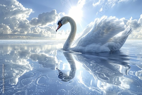 Tranquil 3D swan on a crystal lake background, reflecting elegance and beauty.